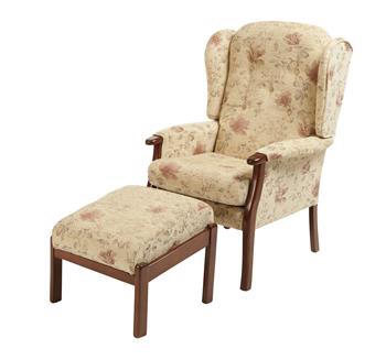 Jilly wing chair, footstool, beech frames, floral pattern fabric,