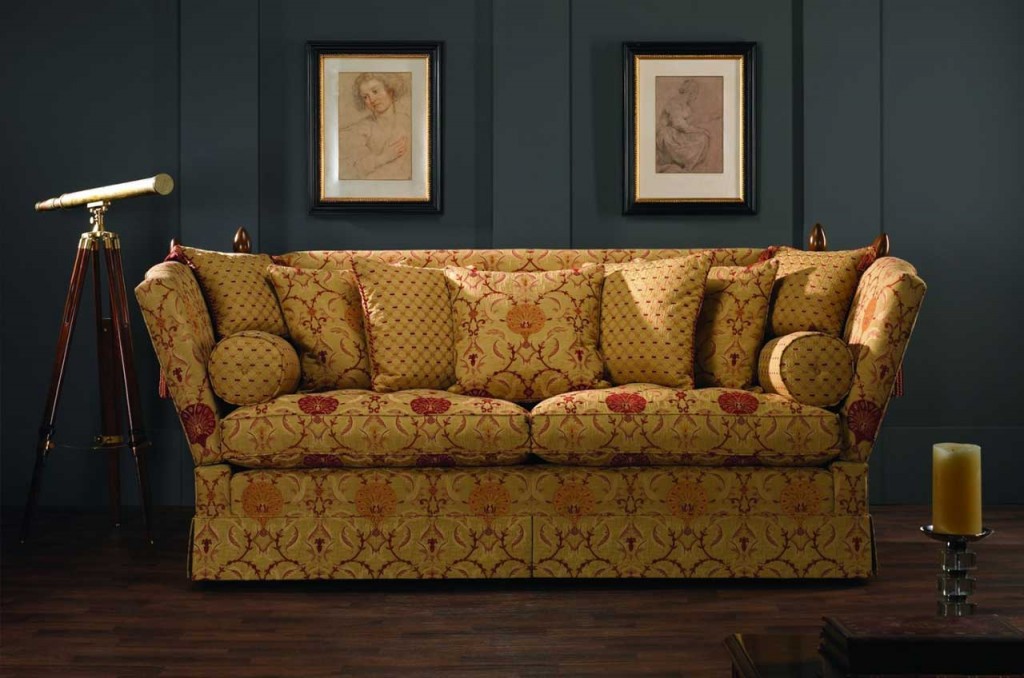 High arm knowle sofa, scatter back design, bolster cushions, valanced.