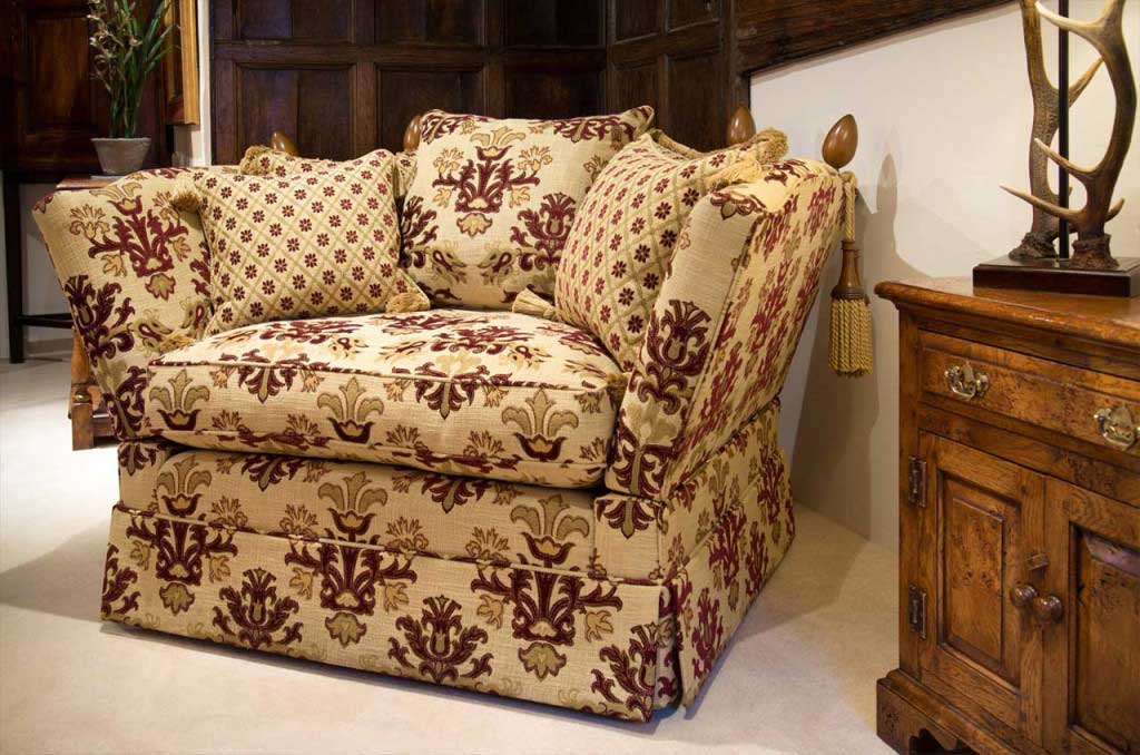 Loveseat, knowle arm, scatter back, valanced,