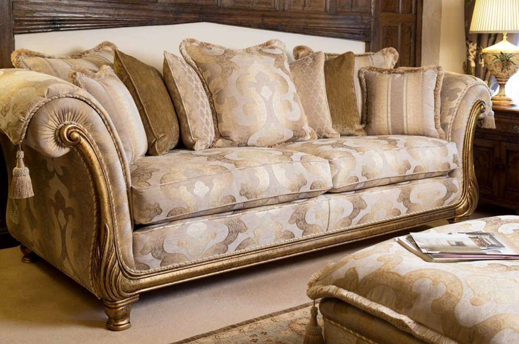 Golden fabric, carved wooden facing, classic back,
