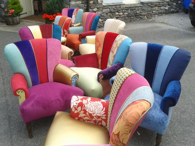 Jazzy chairs, multi-coloured, small chairs.