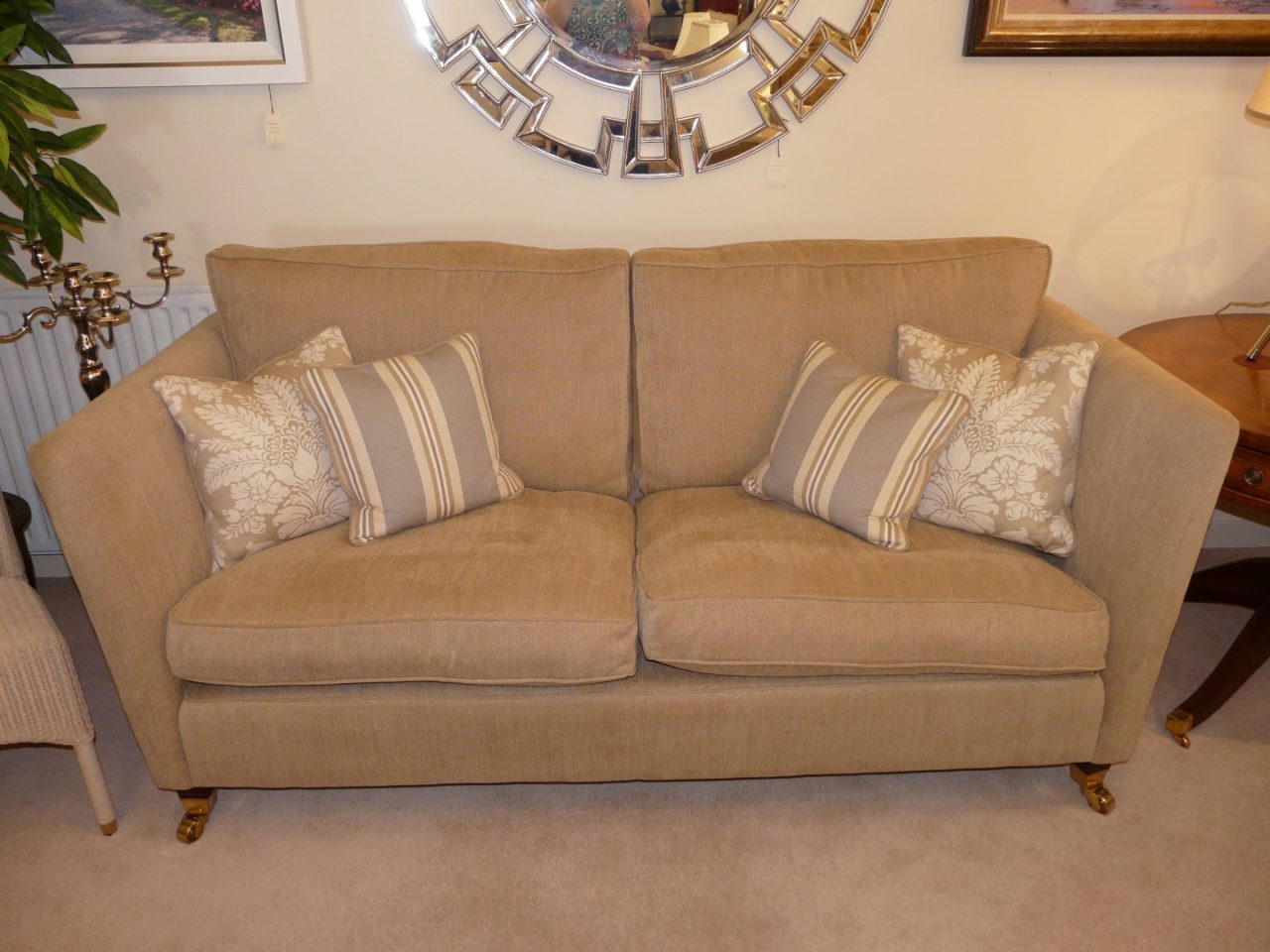 Christina large sofa, high arms, wooden feet, brown fabric