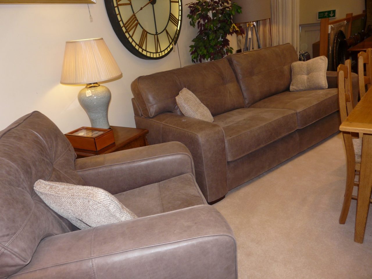leather sofa and chair, mink coloured leather,