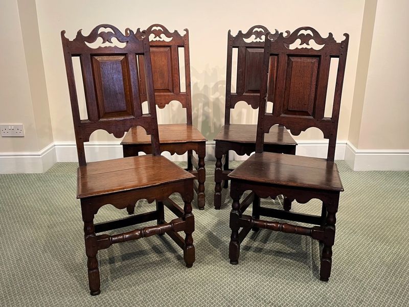 Set Of 4 Early 18th Century Oak Panel Back Chairs