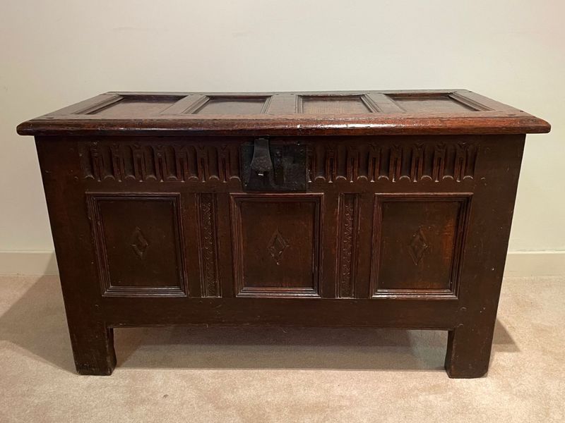 Small 18th Century Carved And Inlaid Oak Coffer